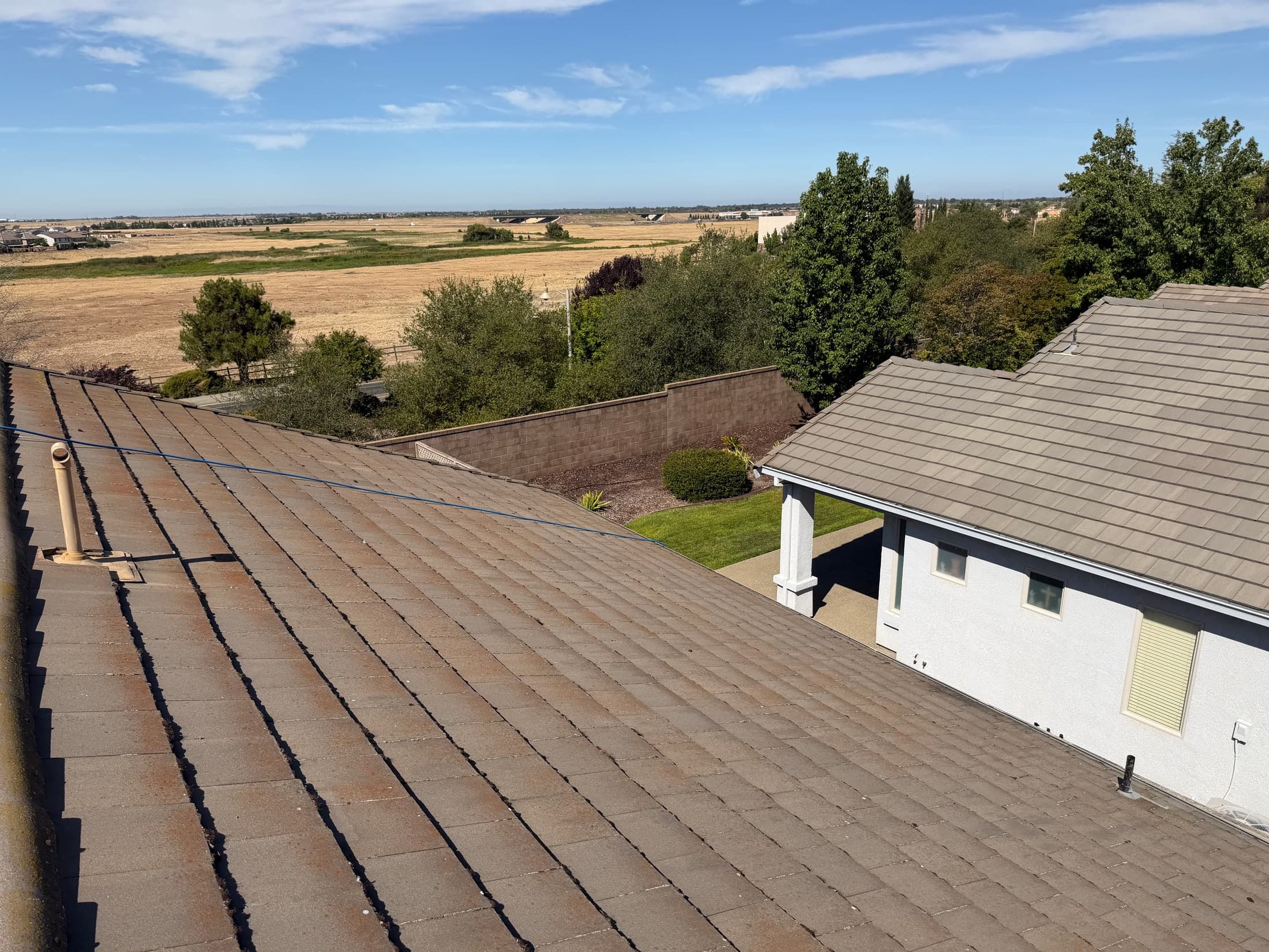 Concrete tile roof before soft washing — dark organic buildup across the whole plane
