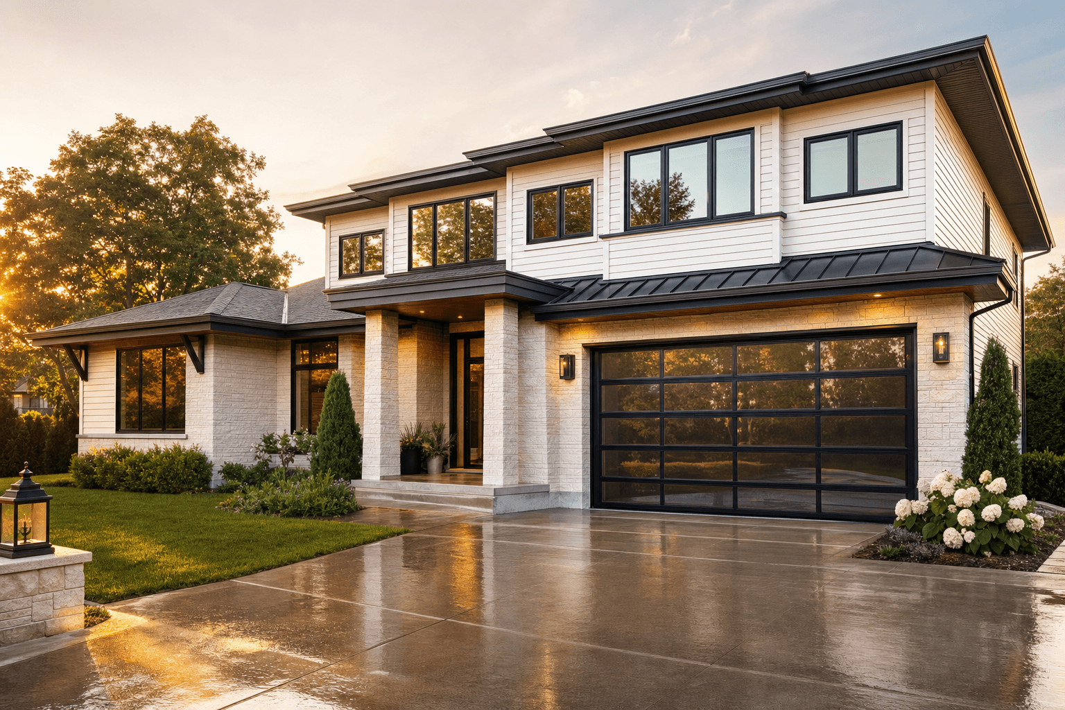 Beautiful modern home exterior with freshly cleaned siding and driveway in warm golden light, representing premium exterior cleaning services