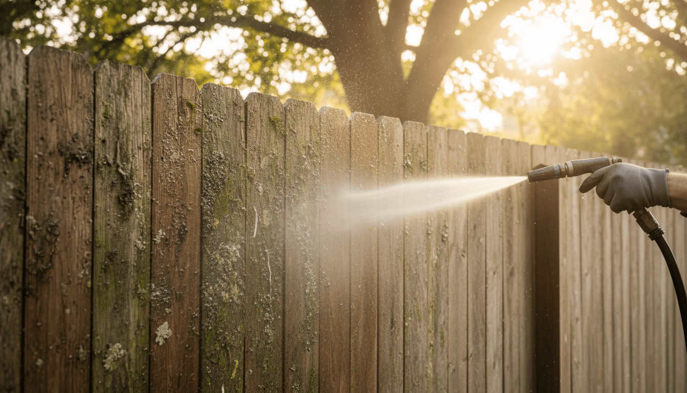 Soft wash application on wood fence