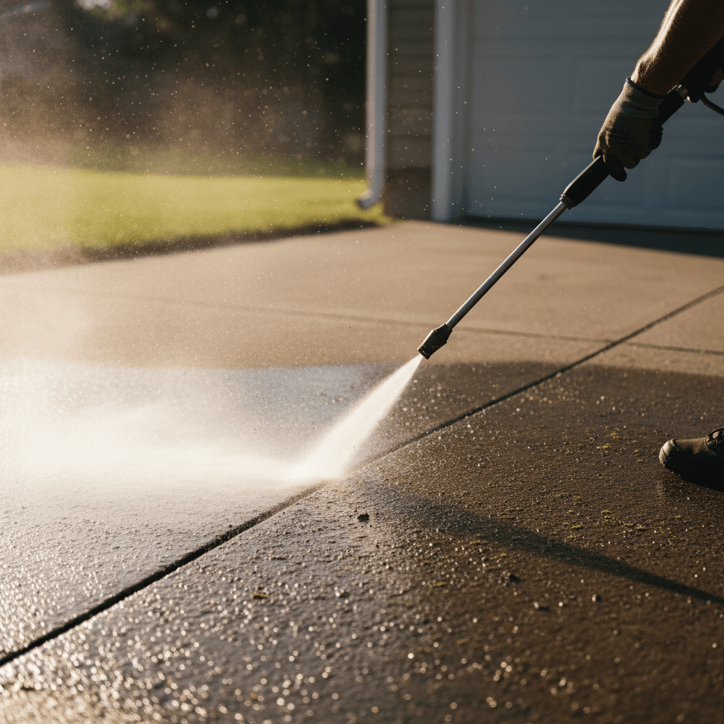 Pressure washing wand resting on a clean concrete driveway in natural light