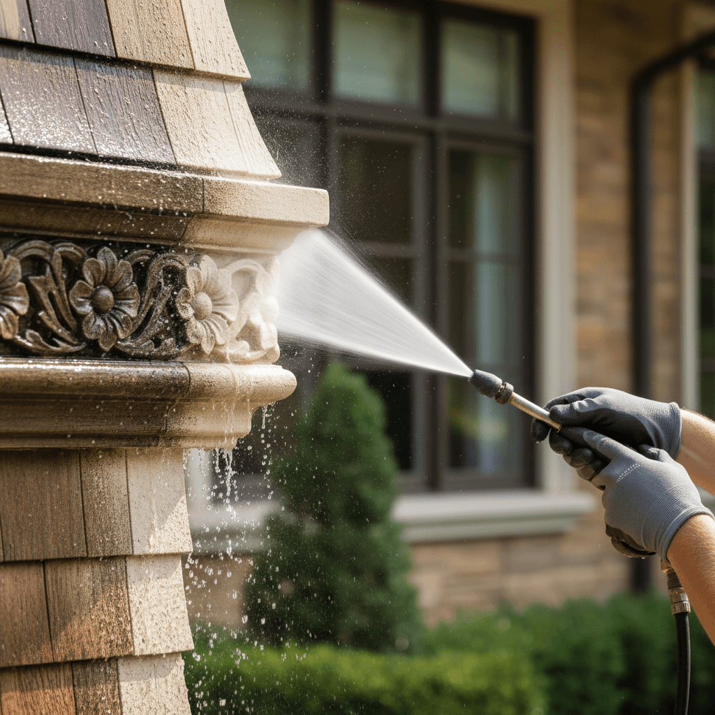 Technician performing soft wash on a home exterior with precise, gentle application