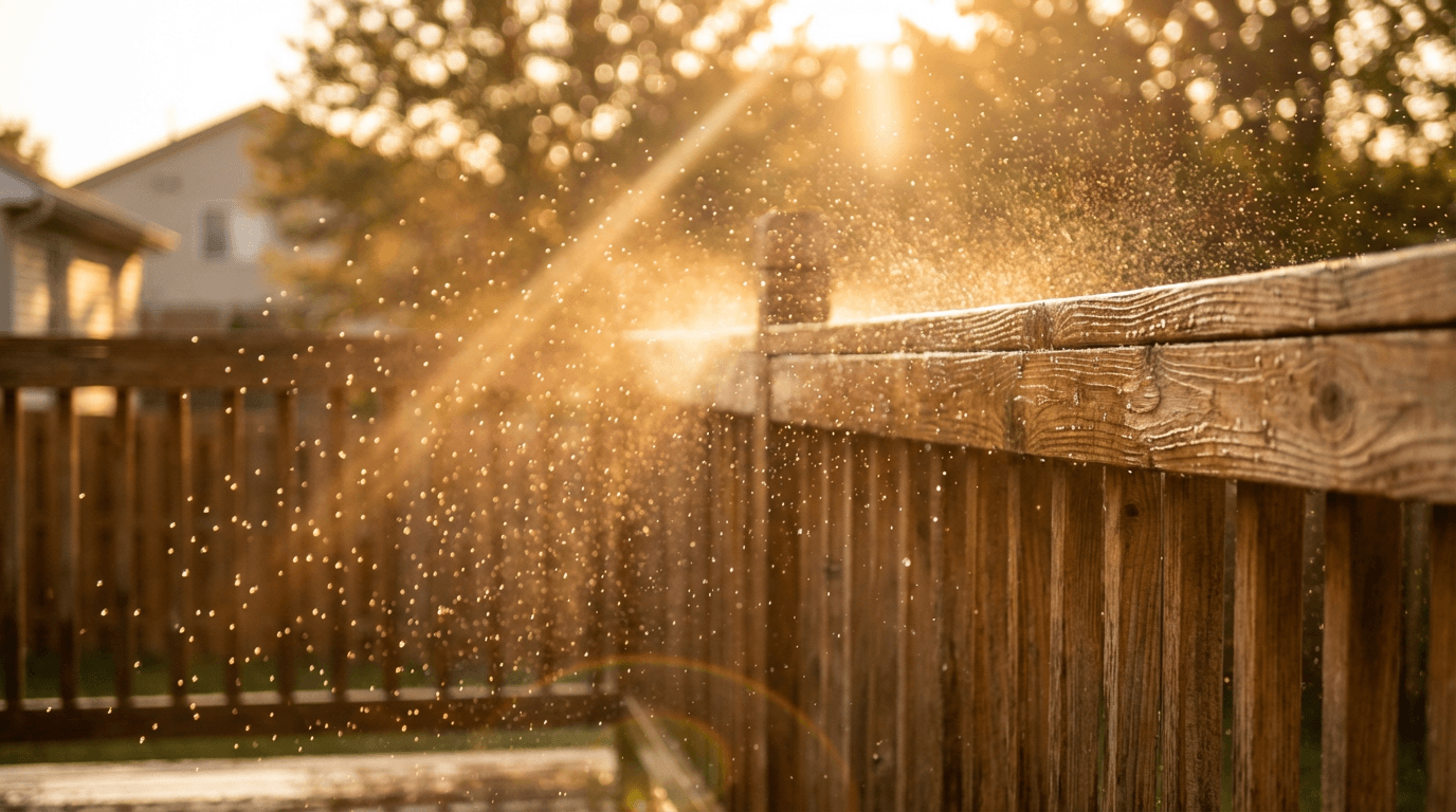 Soft wash nozzle releasing a gentle spray onto a wood fence in Roseville