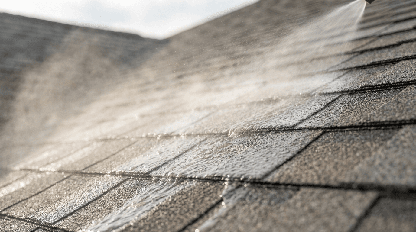 Close-up of soft wash cleaning solution being applied to wood siding