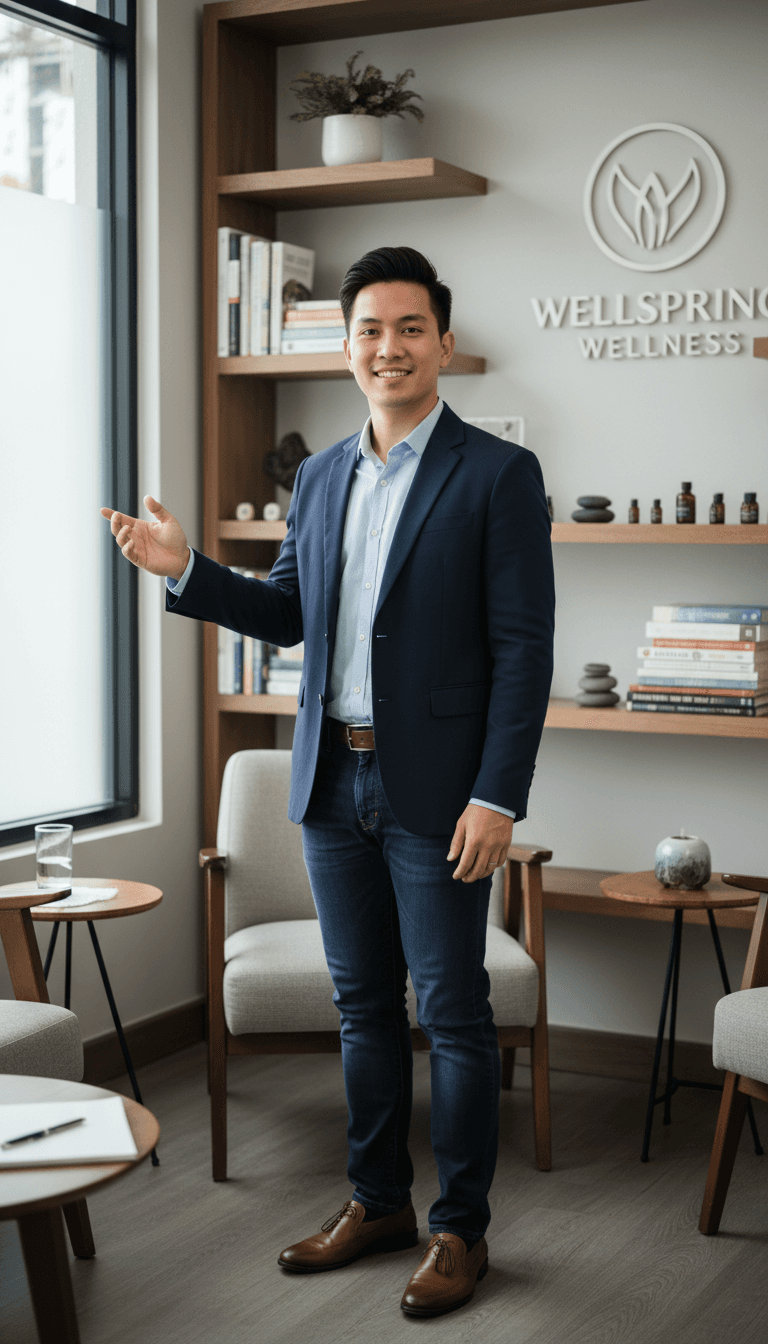 Confident professional standing in personalized services workspace, conveying expertise, warmth, and approachability
